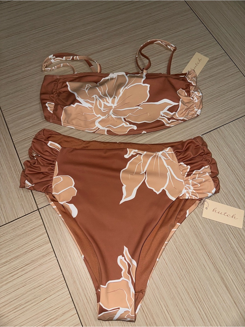 Hutch brown & tan floral bustier bikini set sz L/XL